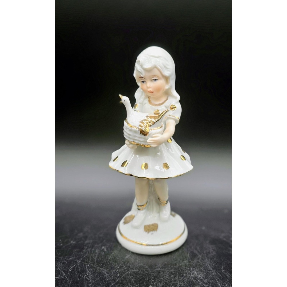 Vintage Capodimonte Girl Holding Swan Figurine Porcelain‎ White Gold Dress Italy